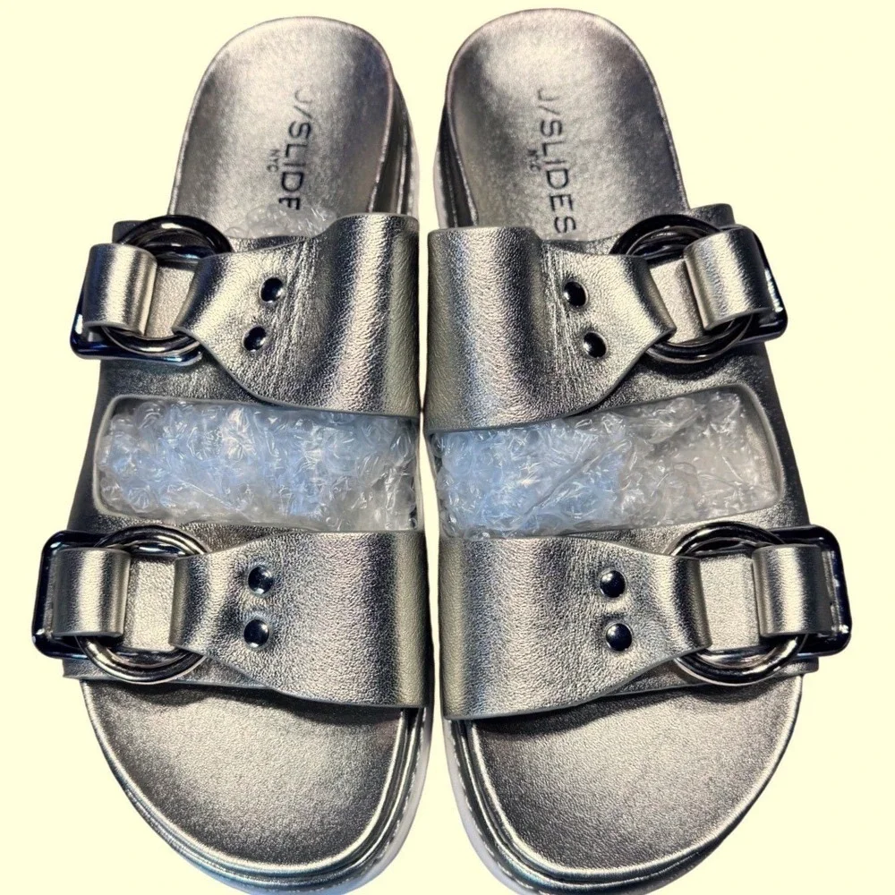 J/Slides Leather Platform Sandals Womens 8 Metallic Gold Buckle Slides
